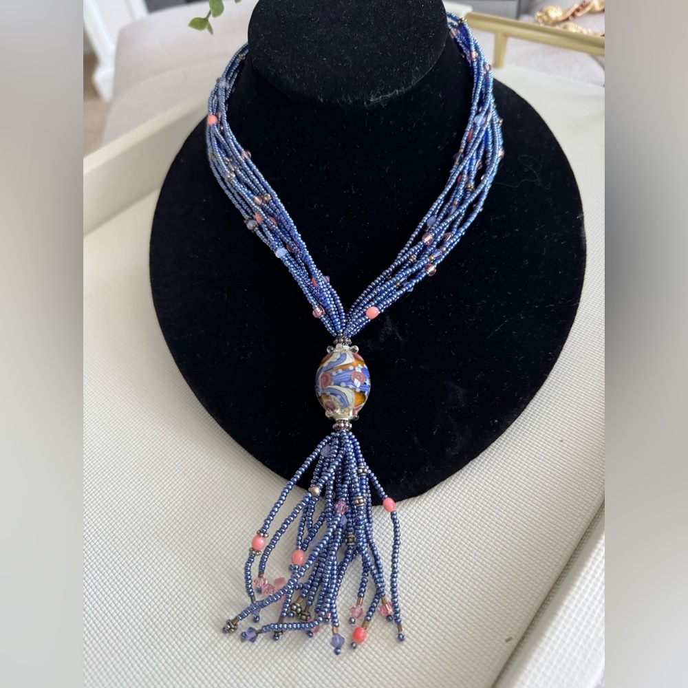 Double strand Seed Bead Necklace with Hand Blown Glass Main Bead